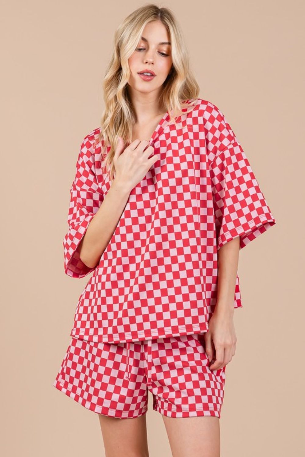 Ces Femme Checkered Top and Shorts Set In Red