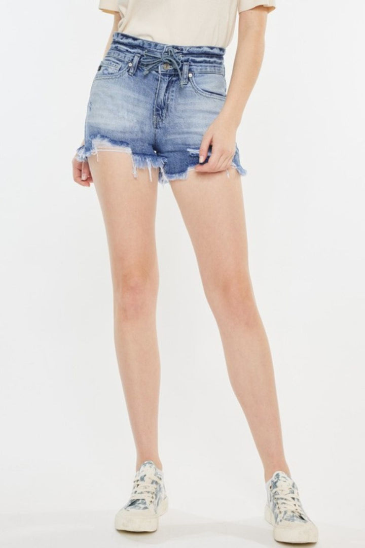 Kancan Maya High Rise Frayed Hem Denim Shorts