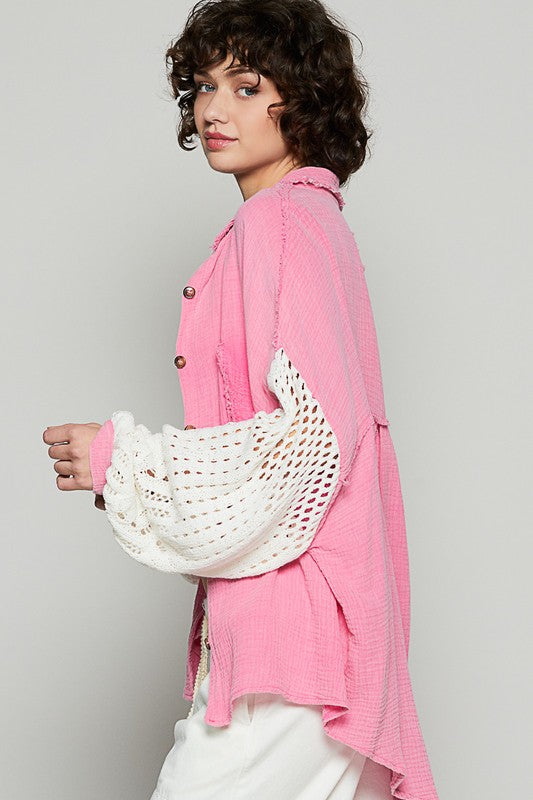 POL Openwork Lantern Sleeve Button Down Gauze Top In Fuchsia
