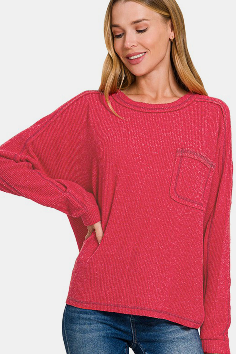 Zenana Brushed Ribbed Hacci Knit Top in Red