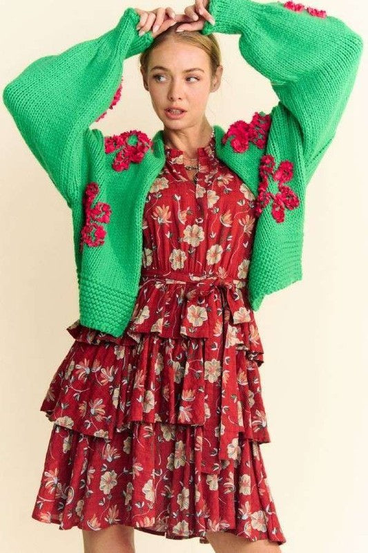 Davi & Dani Floral Applique Cardigan In Green