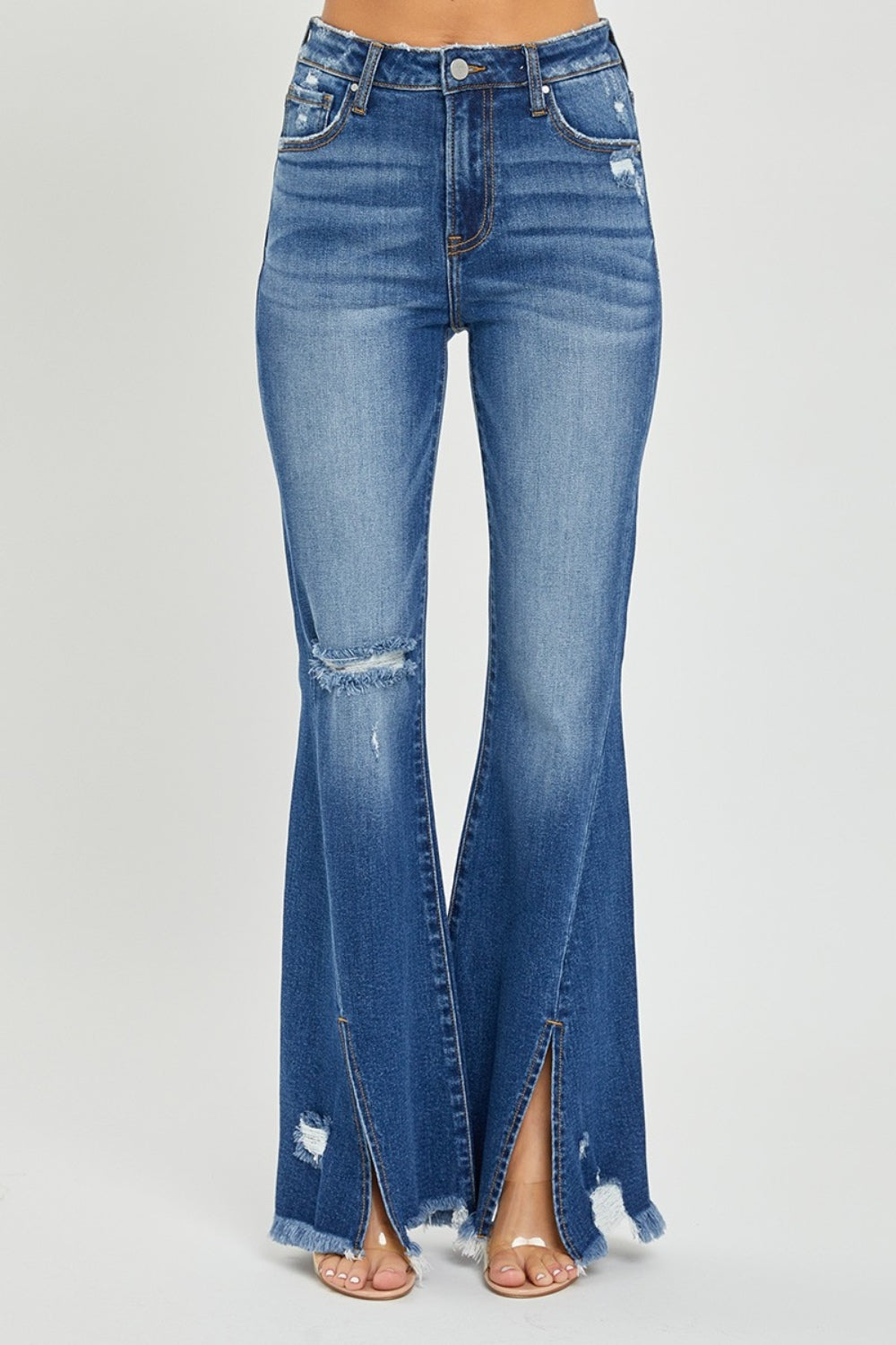 RISEN Gianna High Rise Front Slit Frayed Hem Flare Jeans