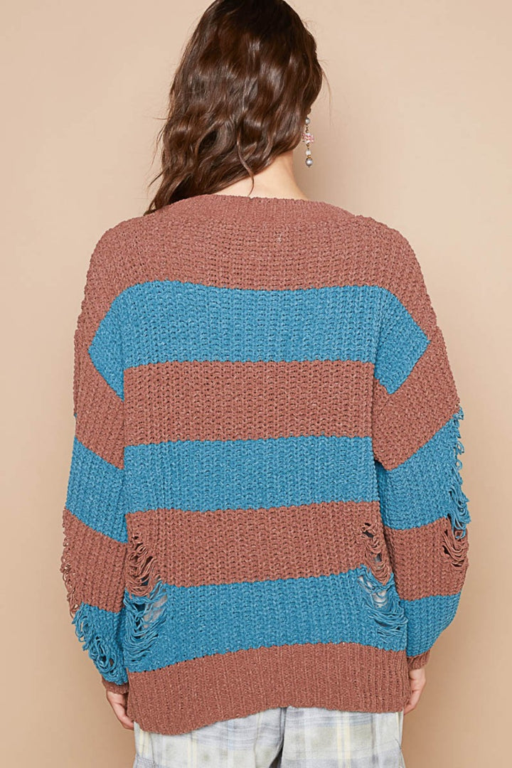 POL Striped Distressed Long Sleeve Sweater In Teal