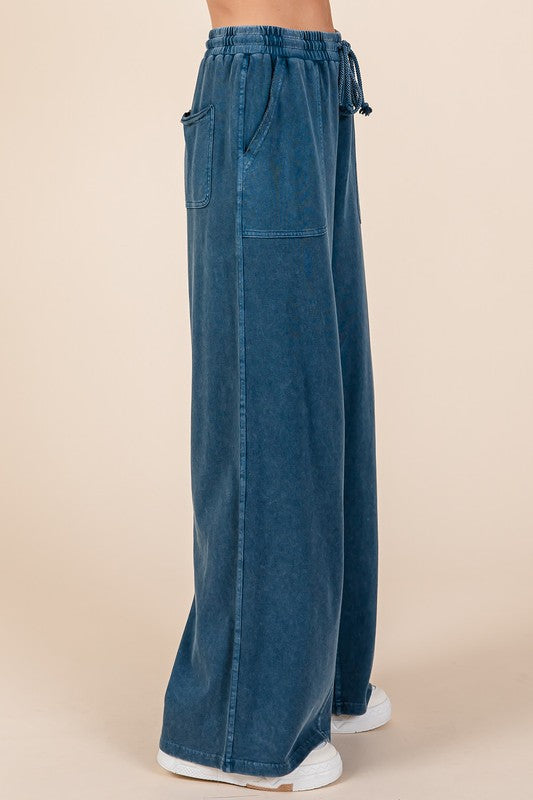 Mittoshop Mineral Wash Drawstring Wide Leg Pants In Dark Blue