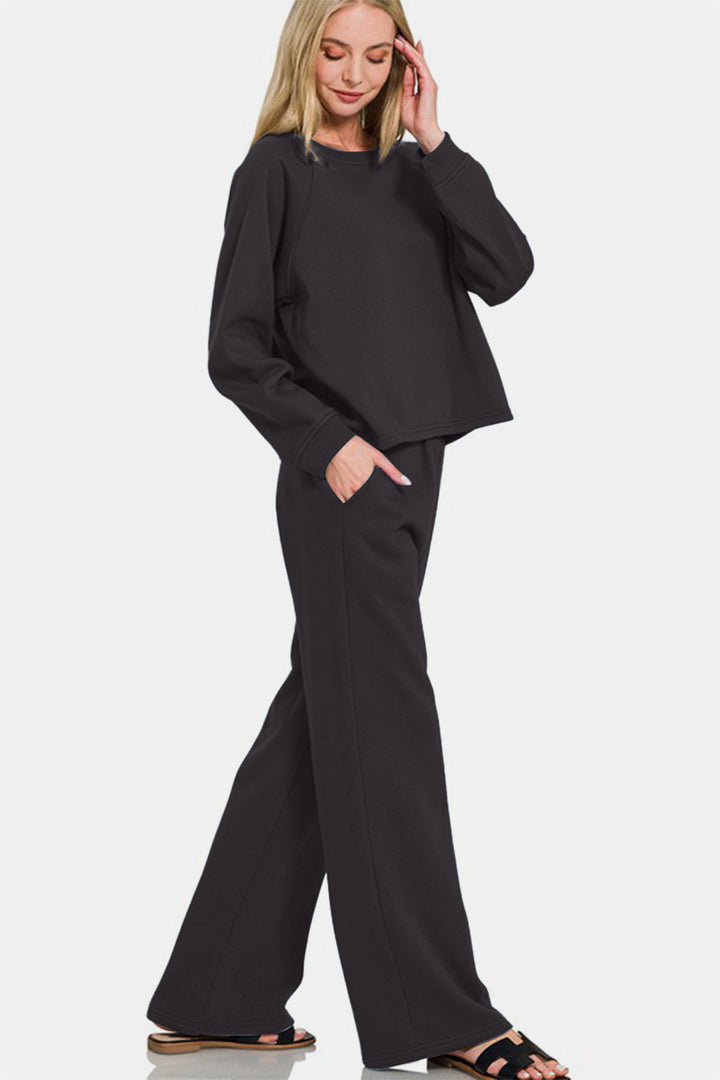 Zenana Raglan Sleeve Top and Pants Set In Black