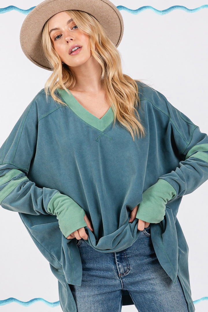 SAGE + FIG Mineral Wash Side Slit Contrast Top In Teal
