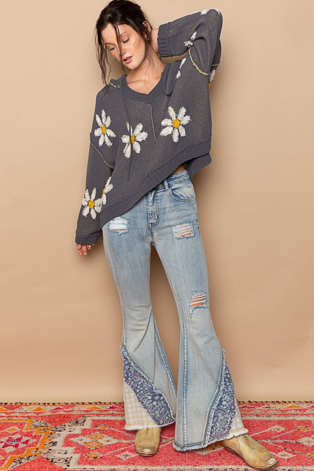 POL Floral Pattern Hooded High-Low Sweater In Charcoal