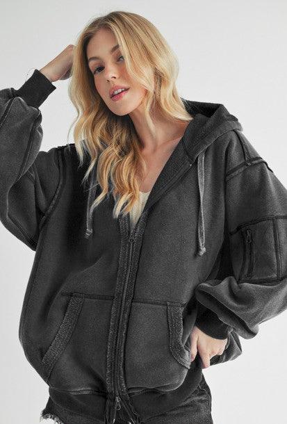 Aemi+Co Exposed Seam Zip Up Drawstring Hooded Jacket