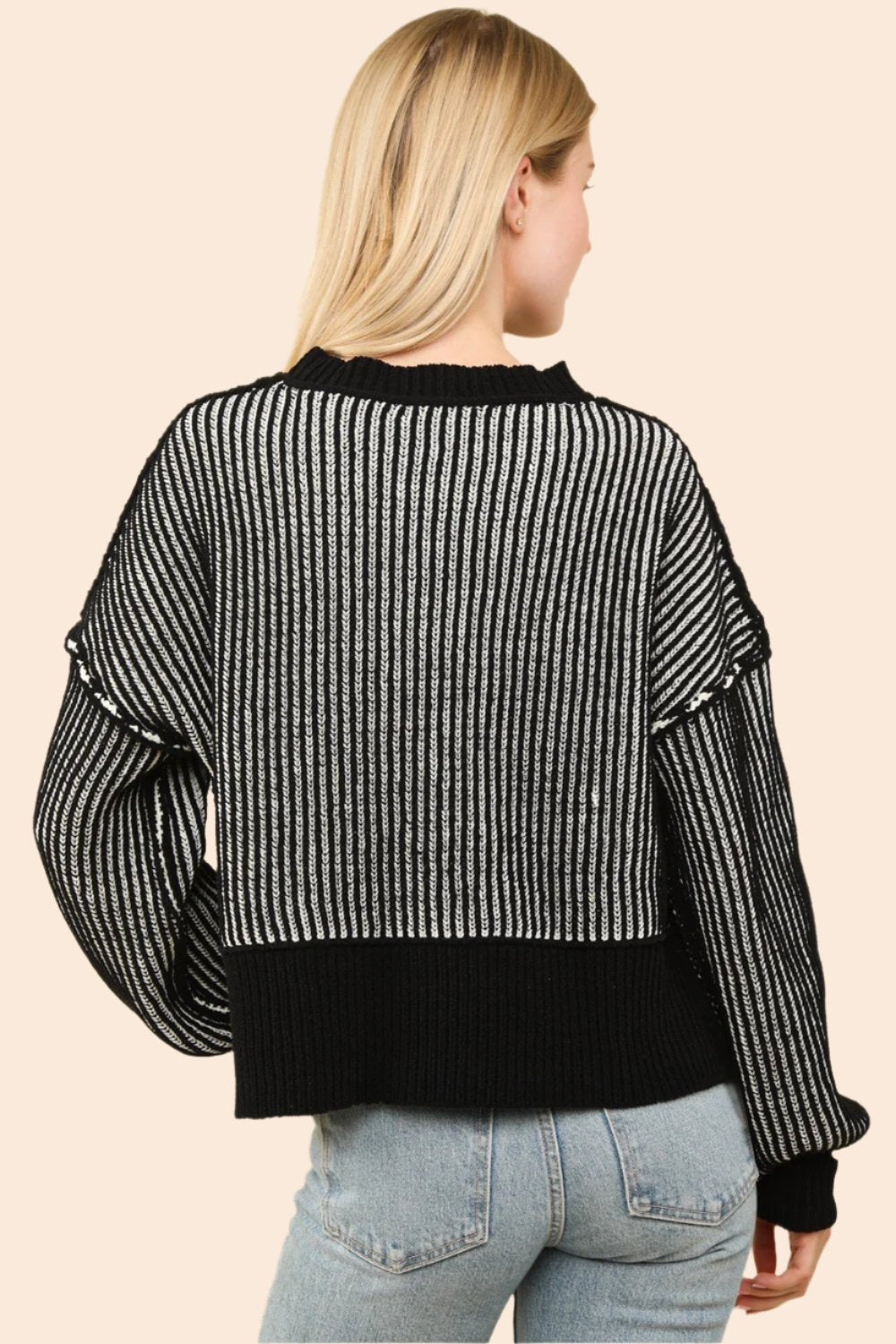 VERY J Exposed Seam Cropped Striped Slit Sweater In Black