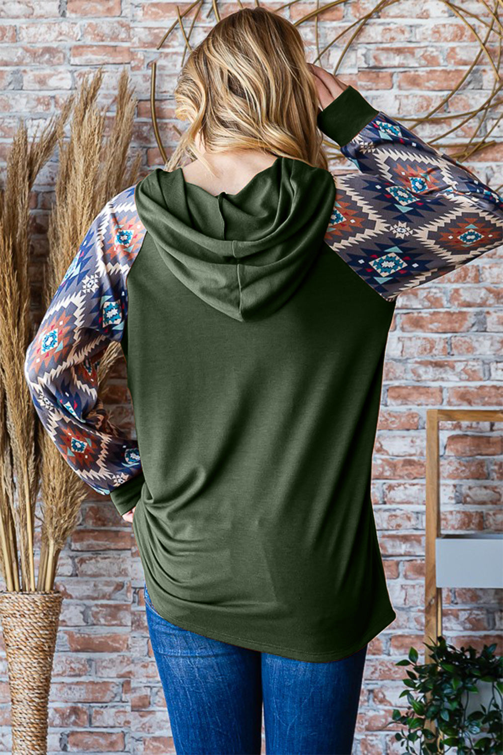 Heimish Half Button Printed Long Sleeve Hooded Top In Olive