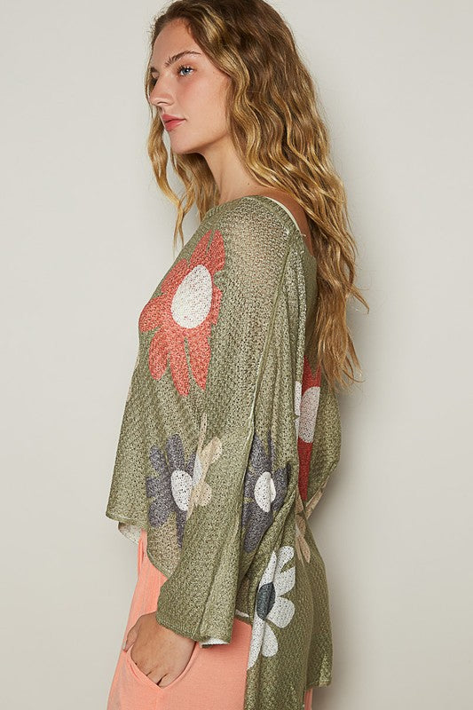 POL Flower Dropped Shoulder Knit Top In Olive