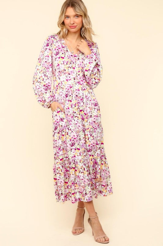 Haptics Floral V-Neck Long Sleeve Dress with Side Pockets In Lilac