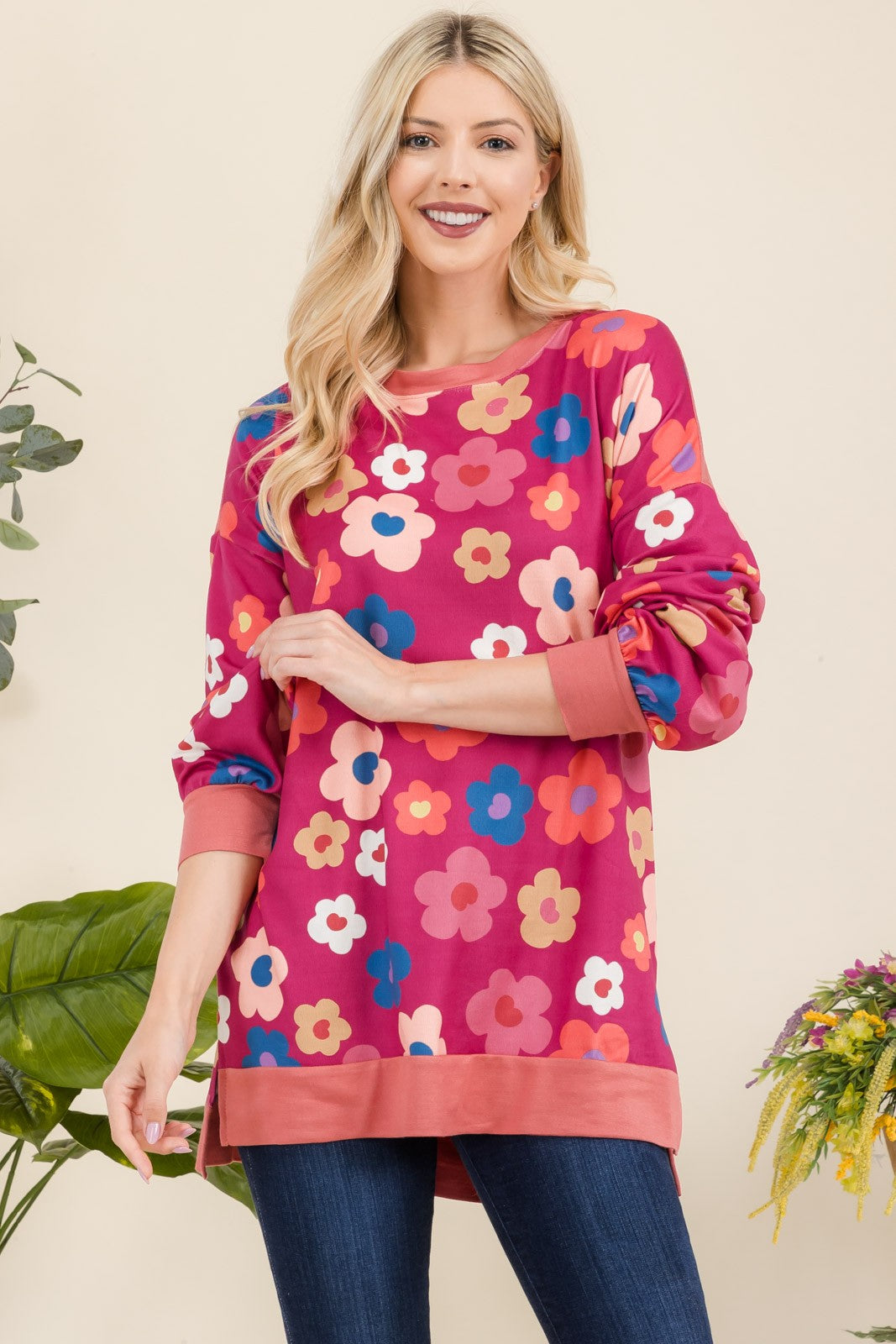 Celeste Side Slit Flower Print Top In Fuchsia