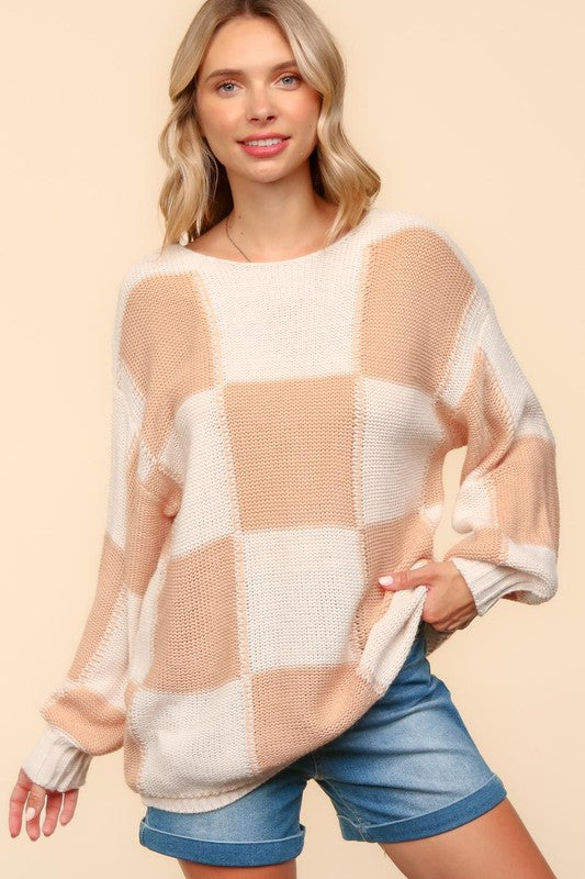 Haptics Checkered Drop Shoulder Sweater In Apricot