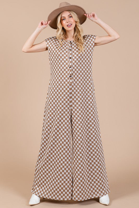 Ces Femme Checkered Half Button Jumpsuit In Taupe