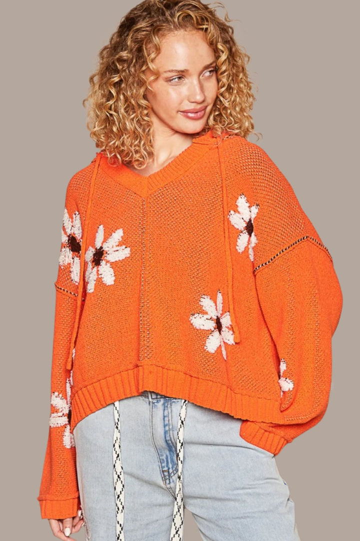 POL Floral Pattern Hooded High-Low Sweater In Orange