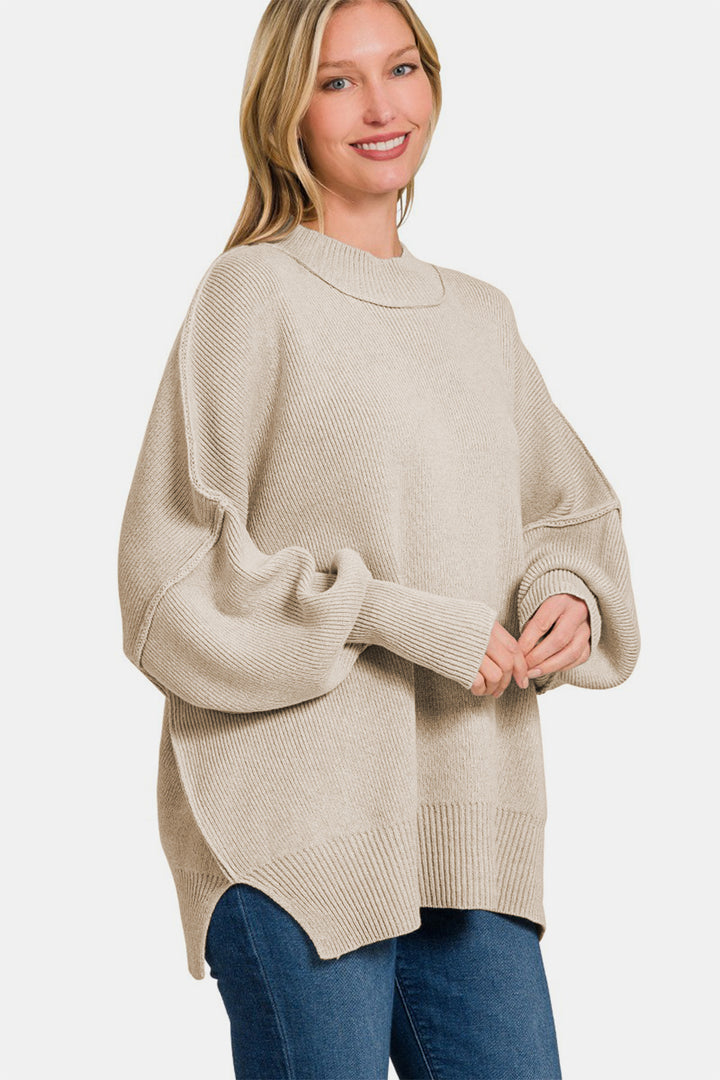 Zenana Side Sit Oversize Sweater In H Beige