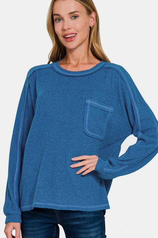 Zenana Brushed Ribbed Hacci Knit Top In Royal Blue