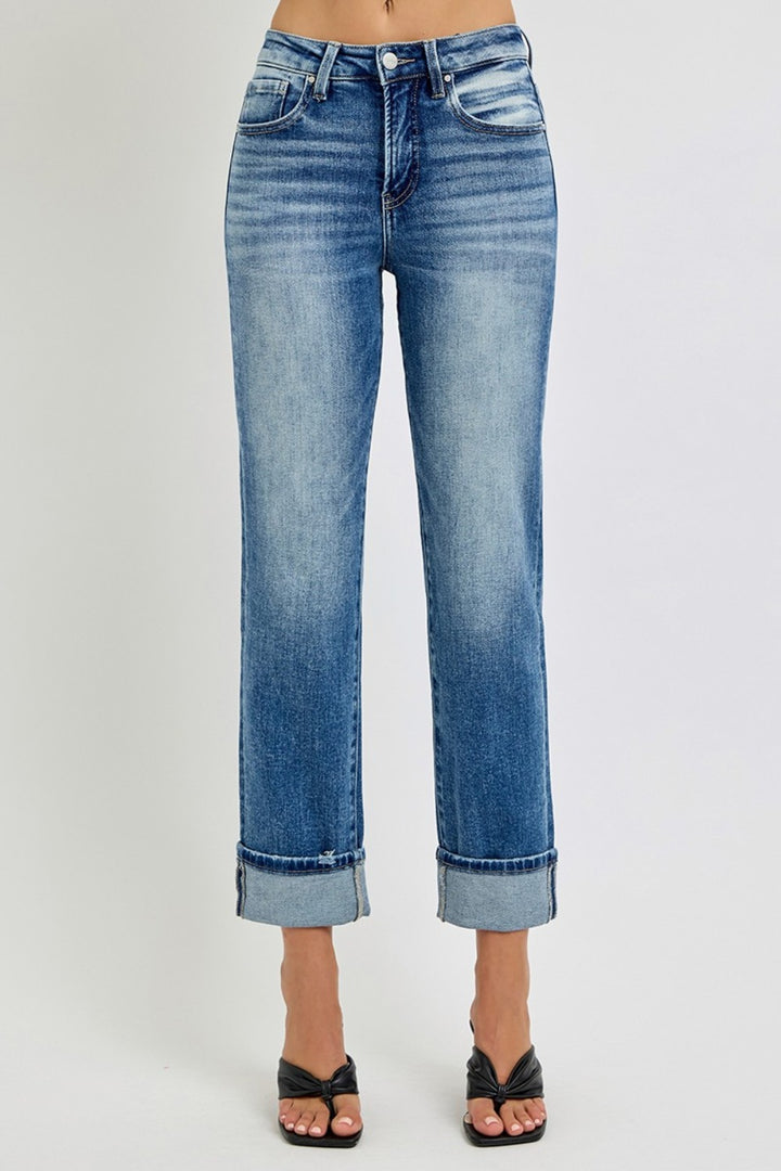 RISEN High Rise Crop Straight Roll Up Jeans In Medium Wash