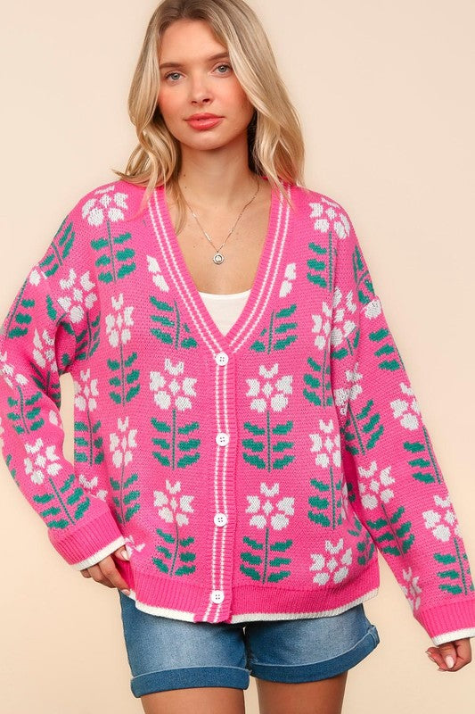 Haptics Floral Jacquard V-Neck Button Up Cardigan In Hot Pink