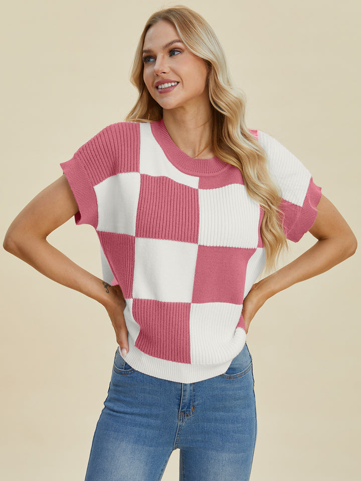 Double Take Checkered Short Sleeve Sweater