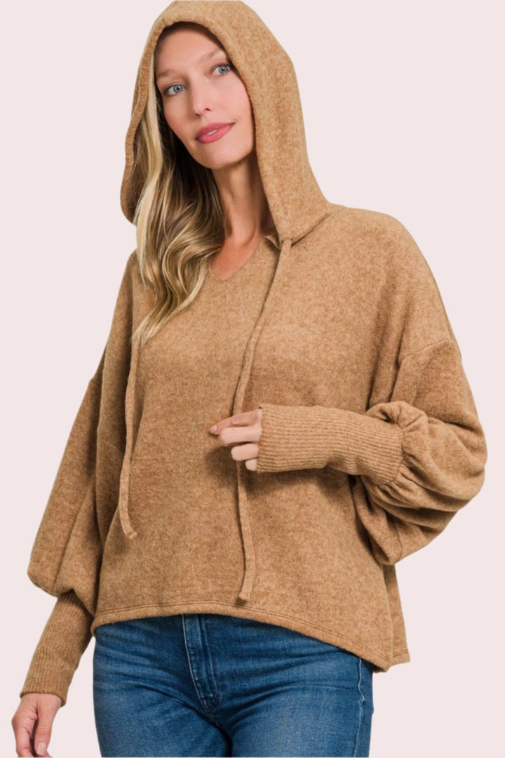 Zenana Brushed Hacci Drop Shoulder Cropped Hoodie In Deep Camel