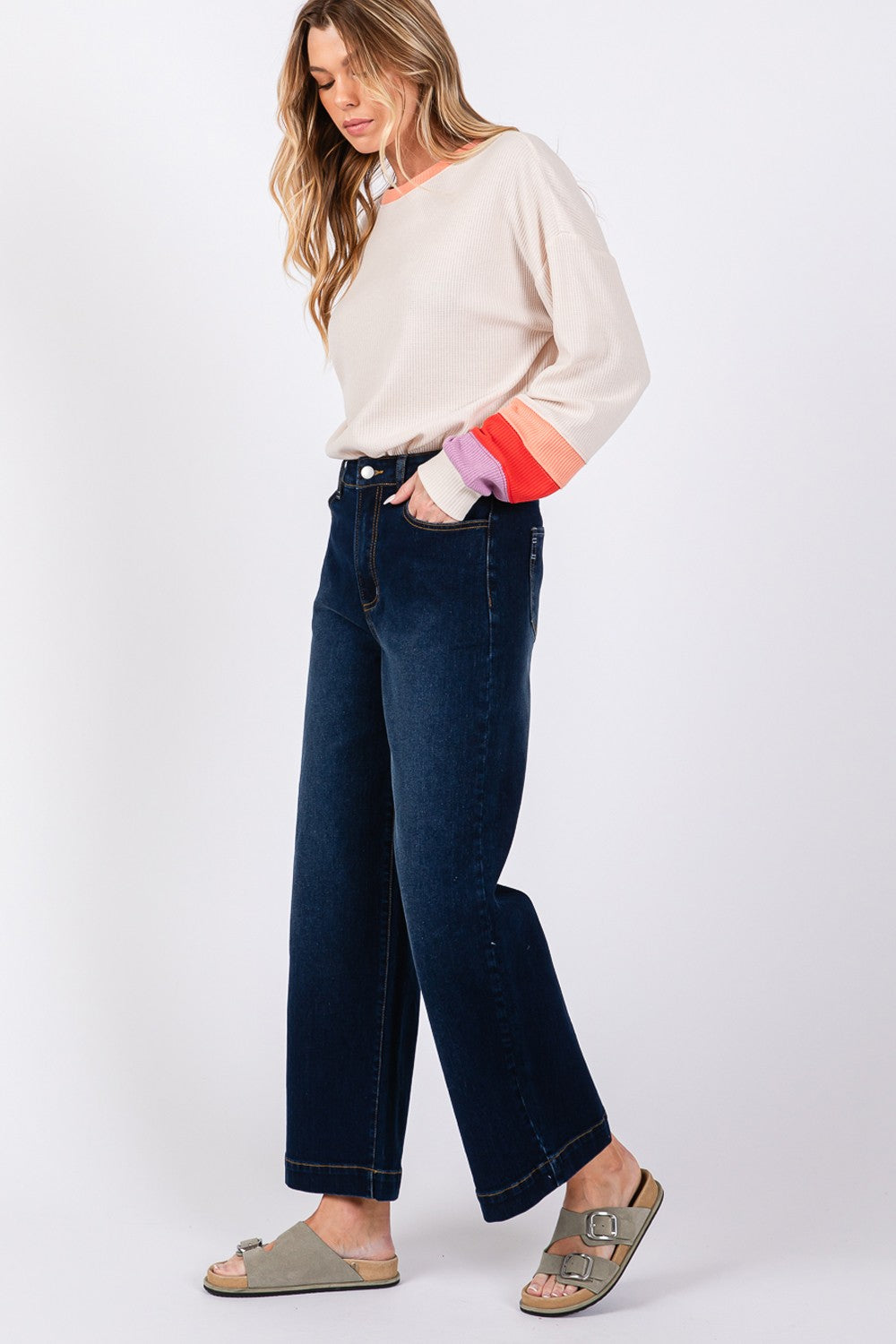 SAGE + FIG High Waist Wide Leg Jeans In Denim Blue