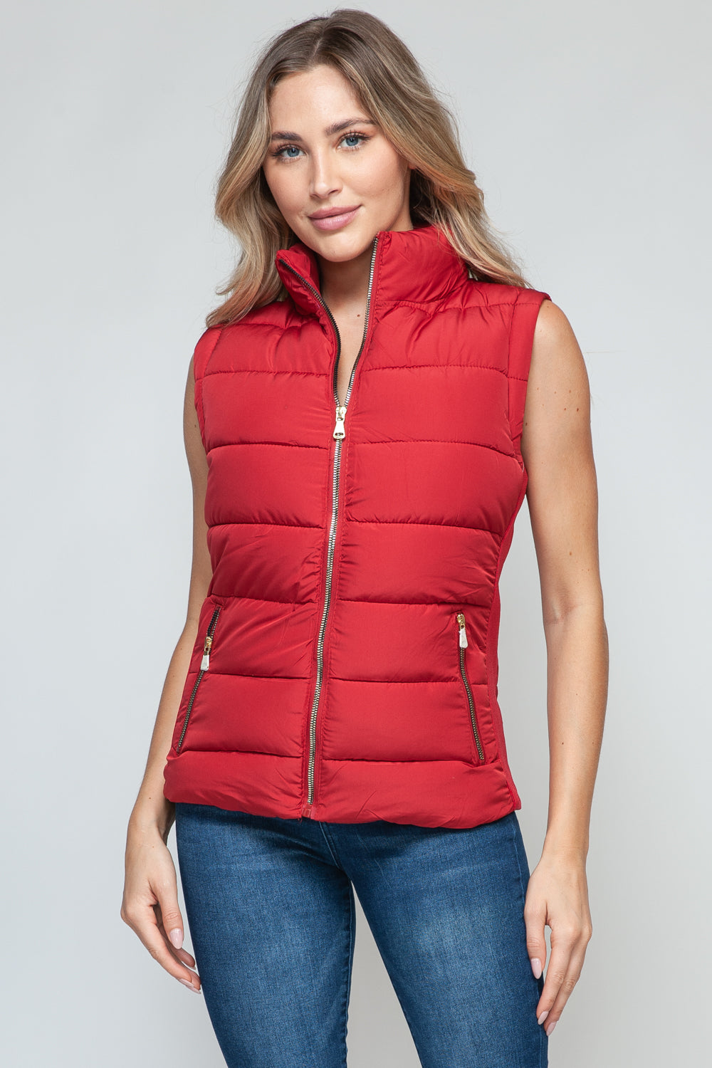 Snobbish Zip Up Turtleneck Vest with Pockets In Red