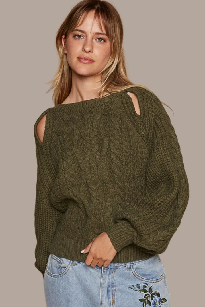 POL Cable Knit Cutout Long Sleeve Sweater In Dried Olive