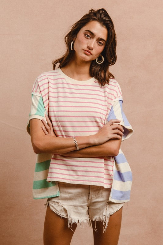 BiBi Slit Exposed Seam Striped Top In Pink