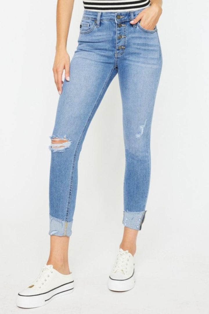 Kancan Distressed Cat's Whiskers Button Fly Jeans In Light Wash