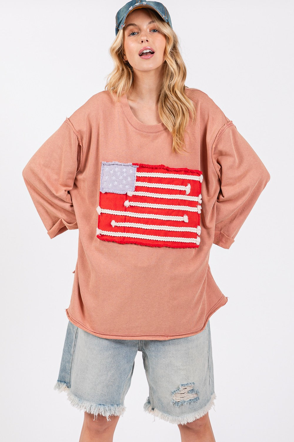 SAGE + FIG American Flag Patch Drop Shoulder Top In Indian Pink