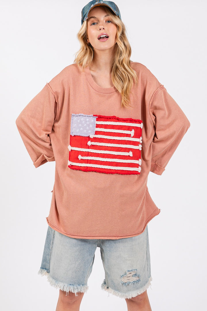 SAGE + FIG American Flag Patch Drop Shoulder Top In Indian Pink