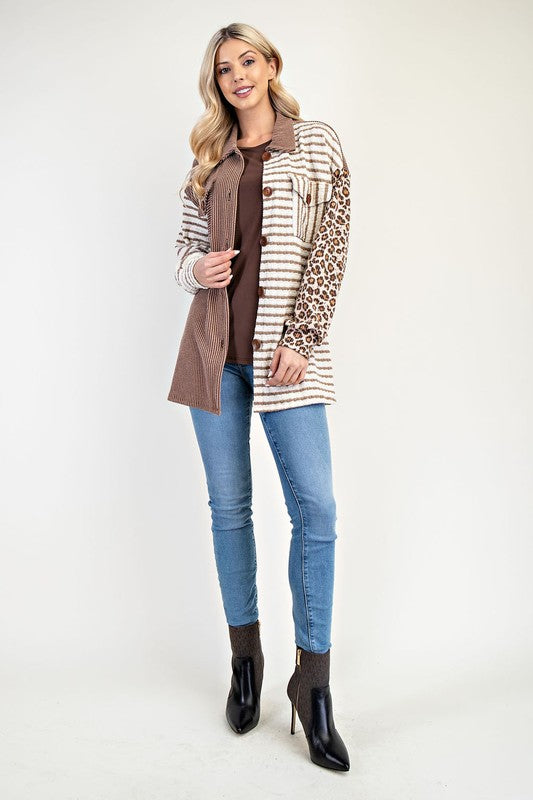 Celeste Leopard Contrast Button Up Shacket In Taupe