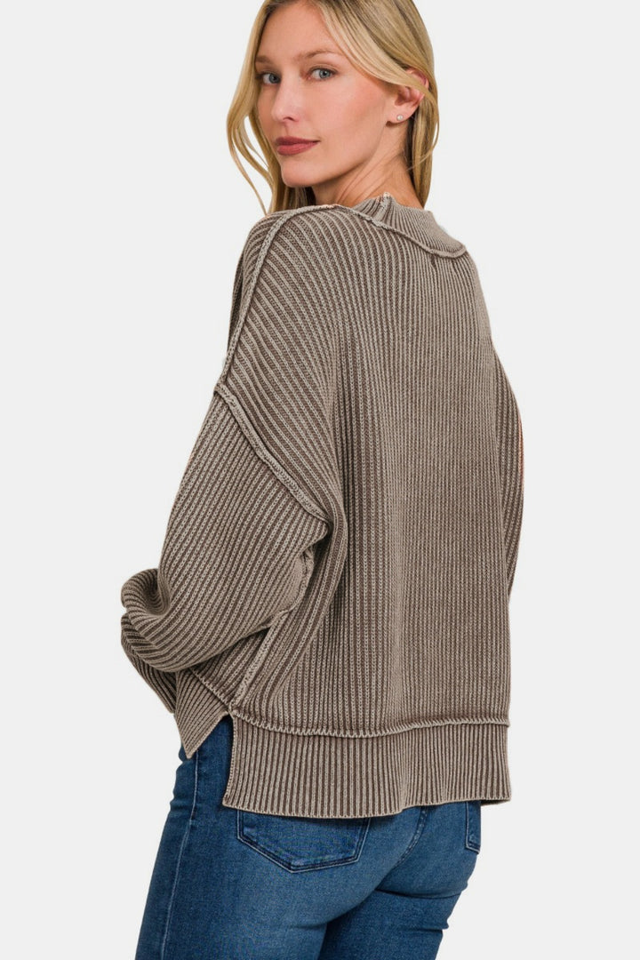 Zenana Exposed Seam Sweater In Mocha