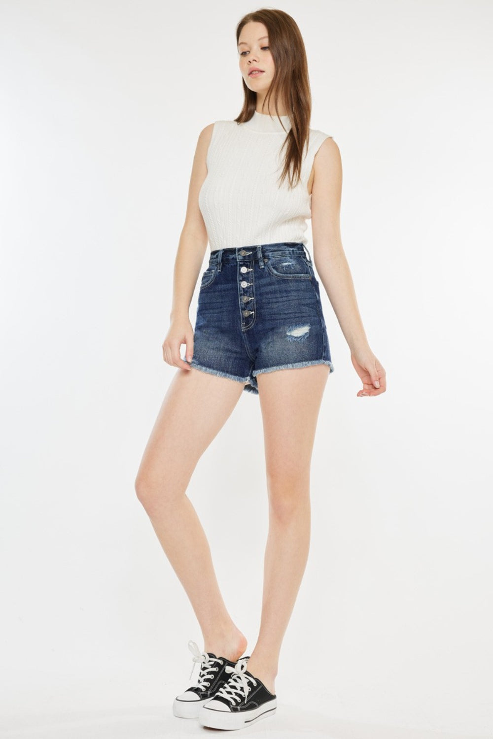 Kancan Aria Raw Hem Button Fly Denim Shorts