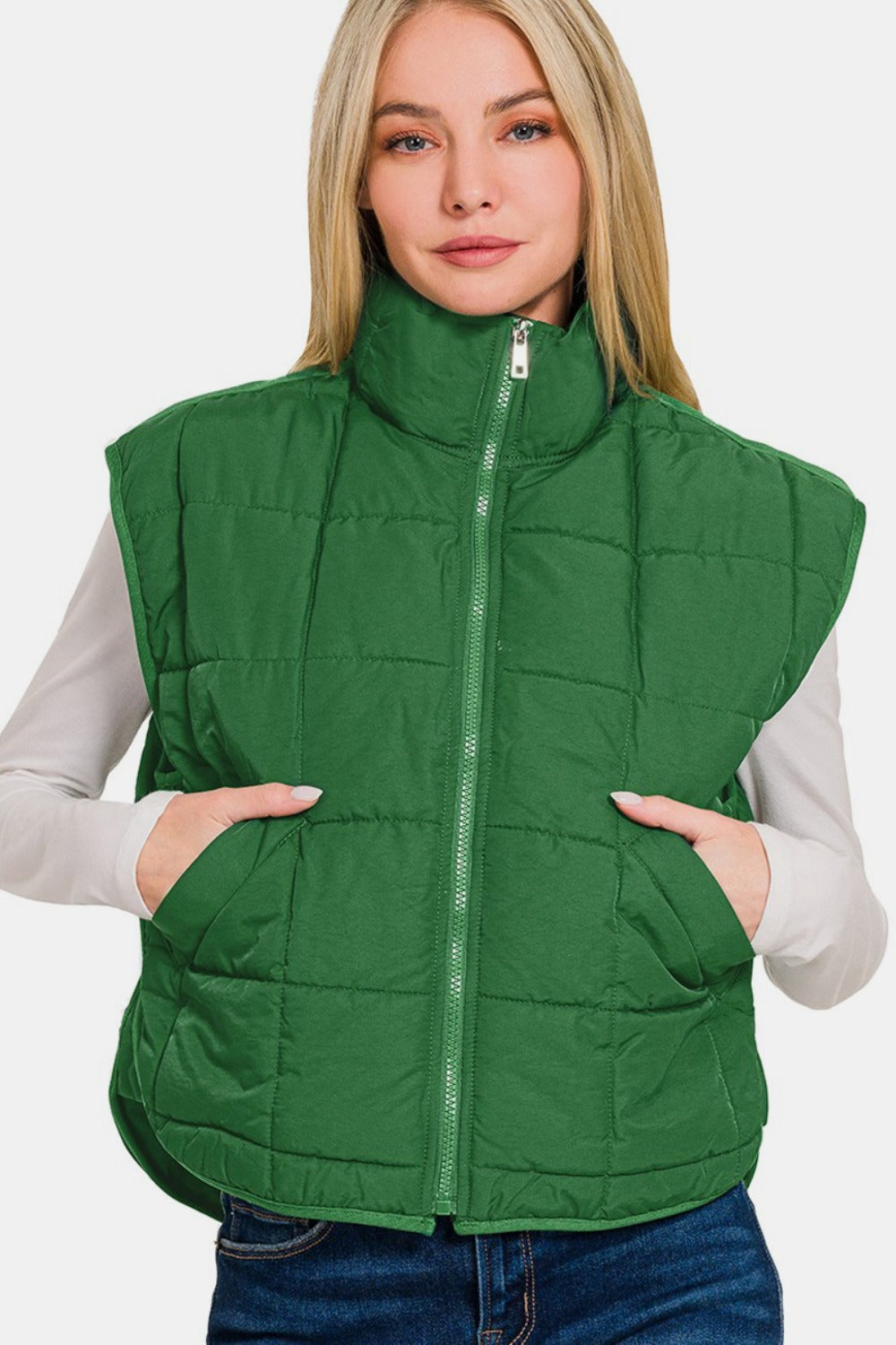 Zenana Zip Up Cropped Puffer Vest with Pockets In Green