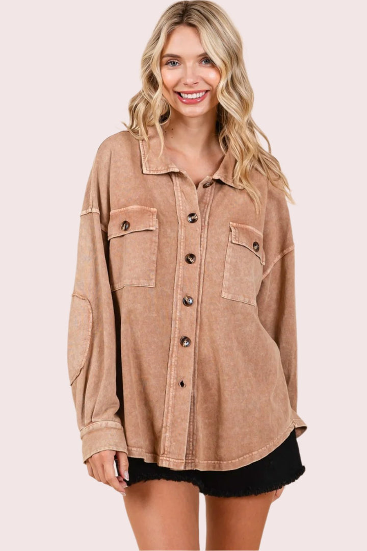 Mittoshop Mineral Wash French Terry Elbow Patch Shacket In Camel