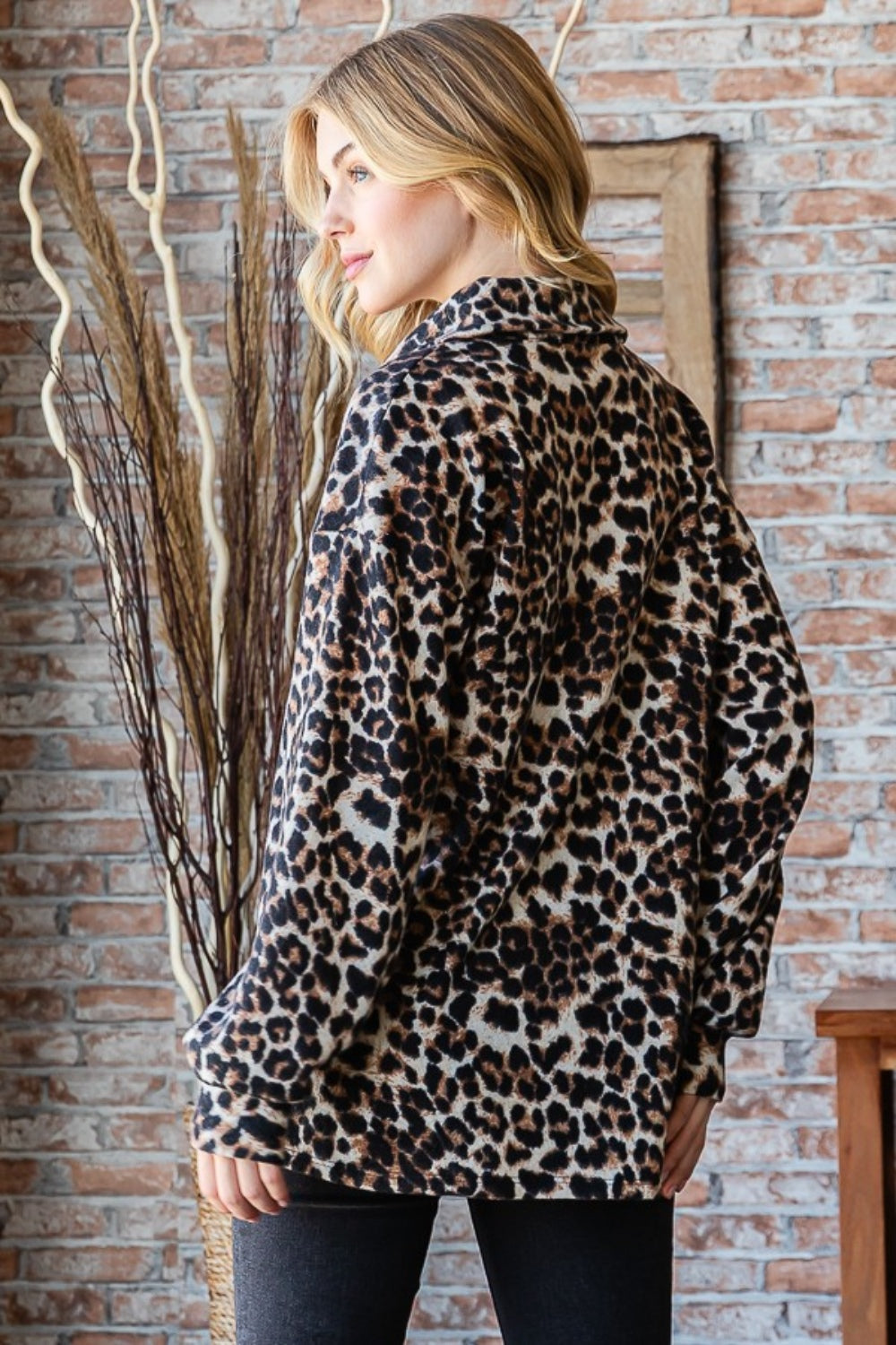 Heimish Leopard Johnny Collar Long Sleeve Top In Brown Animal