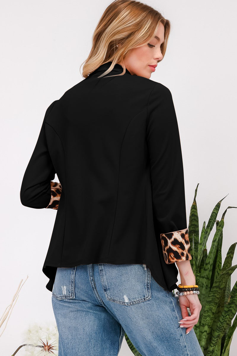 Leopard Cuff Open Front Blazer In Black