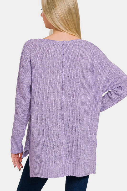 Zenana High-Low Center Seam V-Neck Sweater In Lavender