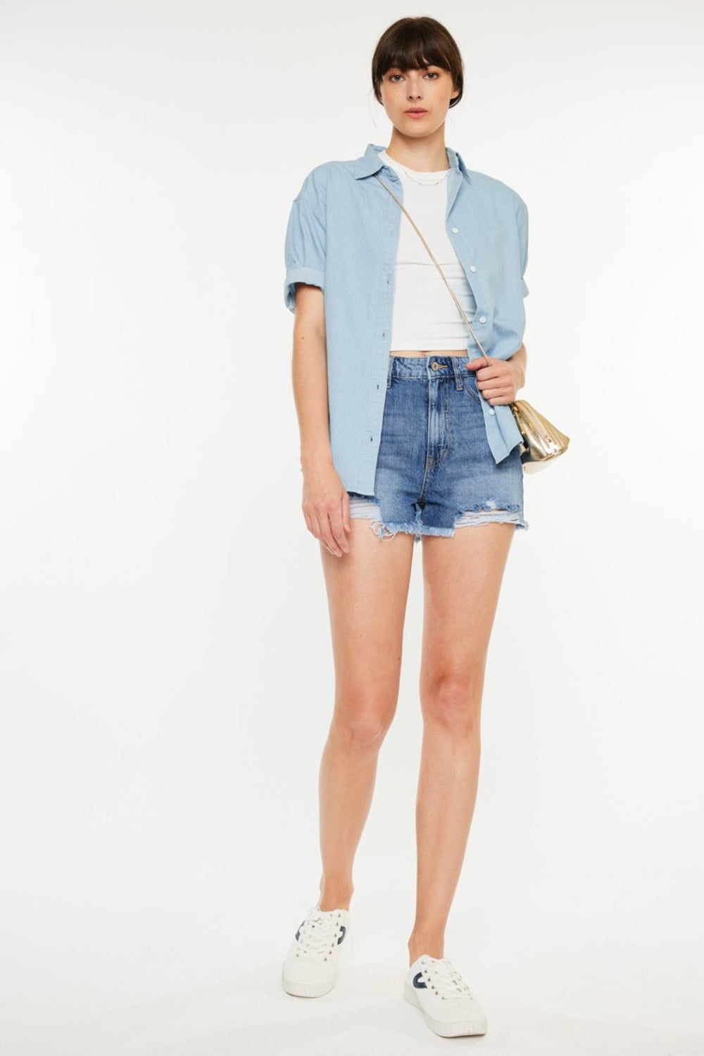 Kancan Harper Distressed Raw Hem High Waist Denim Shorts