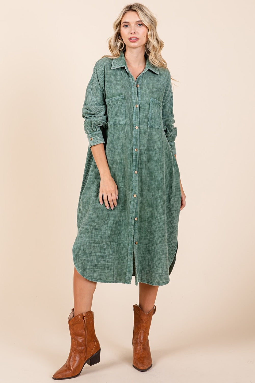 Mittoshop Mineral Wash Cotton Gauze Midi Shirt Dress In Pine