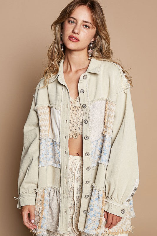 POL Raw Hem Patchwork Jacket In Beige