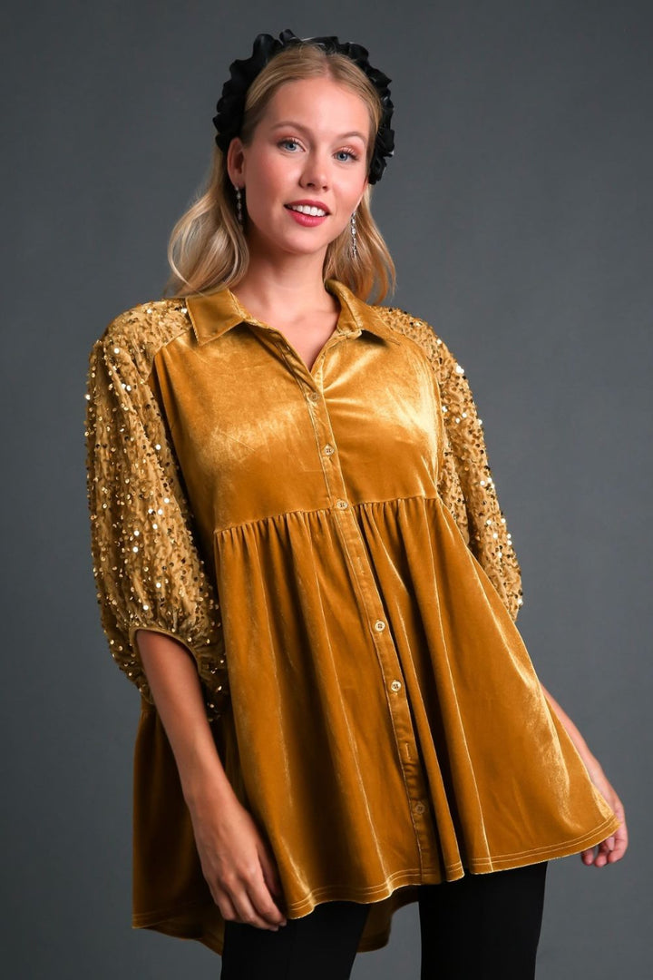 Umgee Sequin Detail Tiered Top In Mustard