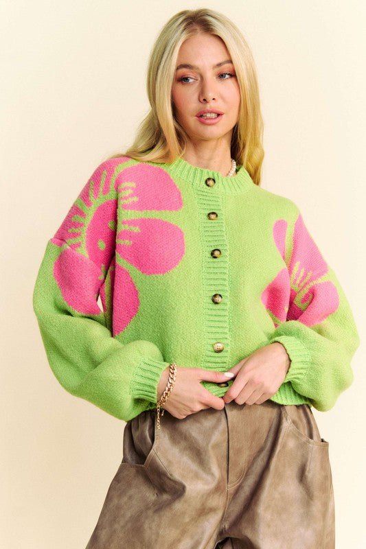 Davi & Dani Flower Contrast Cardigan In Lime