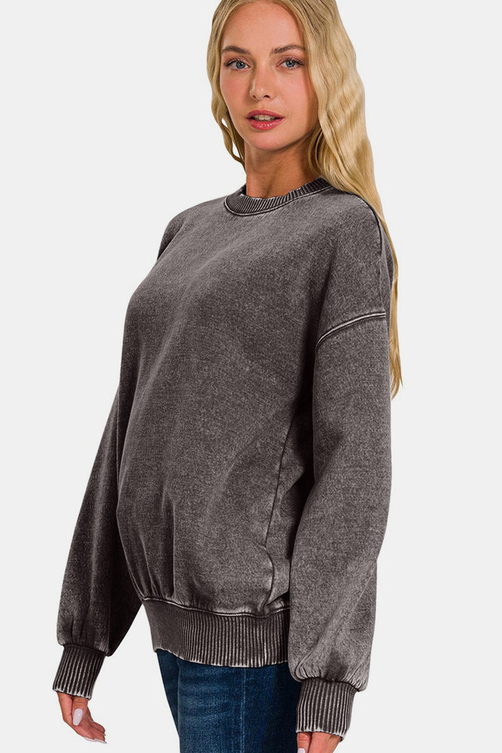 Zenana Acid Wash Fleece Long Sleeve Sweatshirt In Ash Black