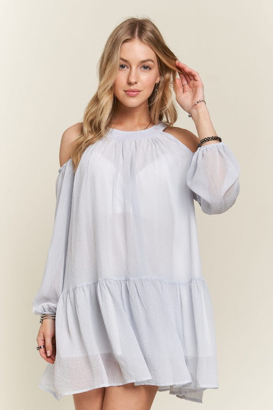 ADORA Cold Shoulder Balloon Sleeve Mini Dress In Blue