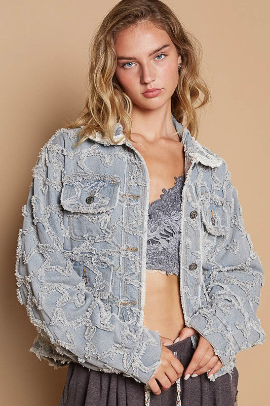 POL Star Textured Raw Hem Denim Jacket In Light