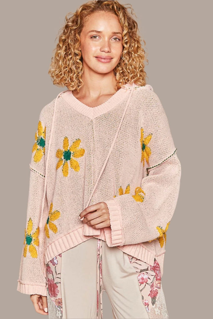 POL Floral Pattern Hooded High-Low Sweater In Pink